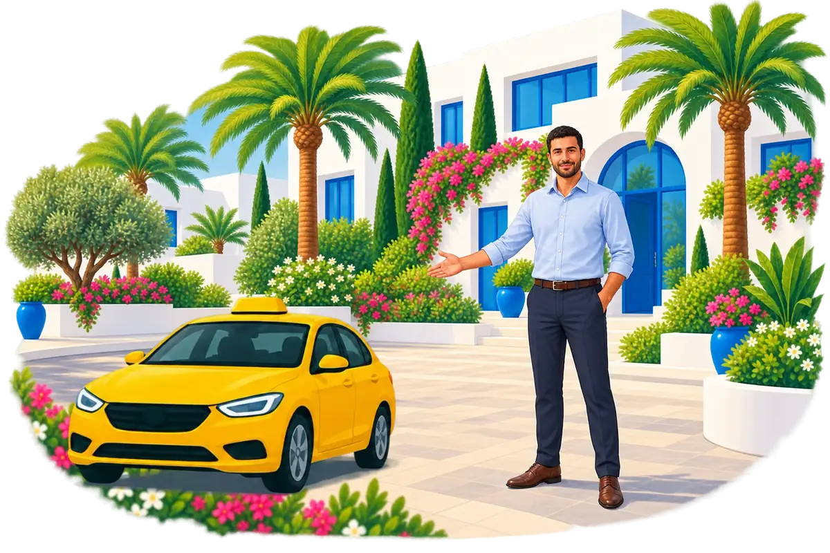 سائق تاكسي يستقبل راكبًا في تونس، رسم توضيحي من E-Taxi
