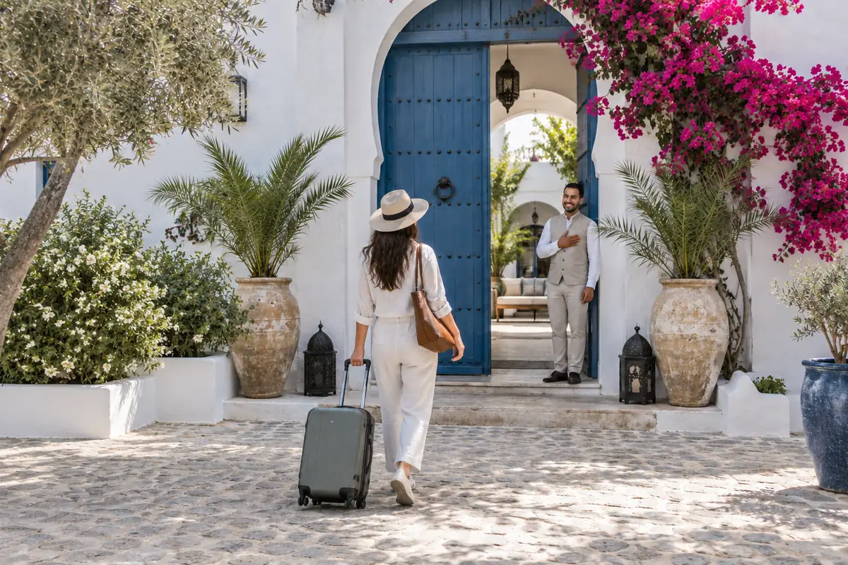 Hotel arrival with luggage, illustrative scene
